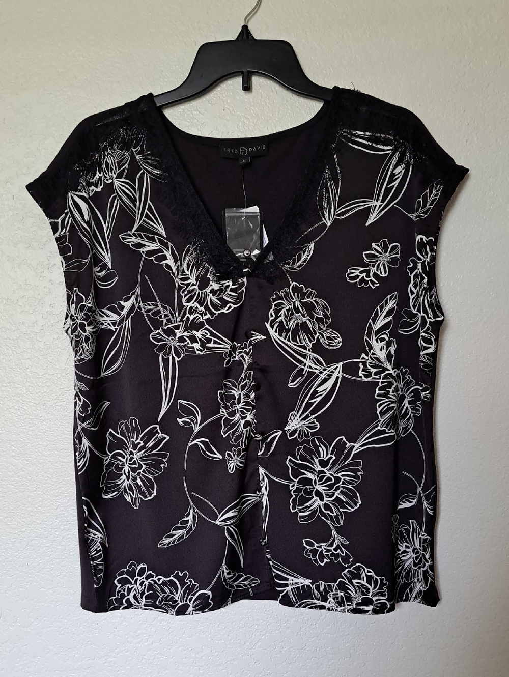 Fred David Black Floral V-Neck Blouse with White Print Cap Sleeves